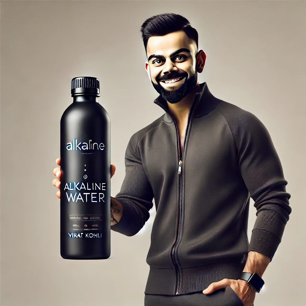 black water, black alkaline water black-alkaline-water-bottle-with-a-stylish-design-standing-next-to-Virat-Kohli.-Virat-Kohli-is-holding-the-bottle