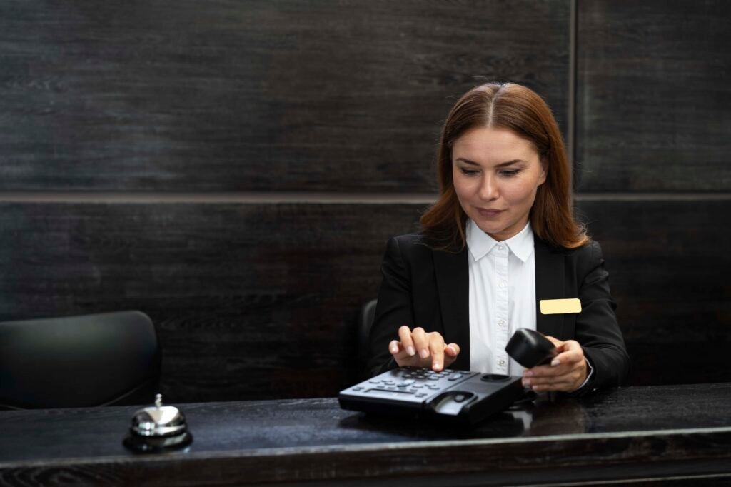 Female Hotel management receptionist in elegant suit during work hours
