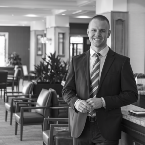 Hotel Management degree after became a Hotel Manager wearing a black coat pant with smiling