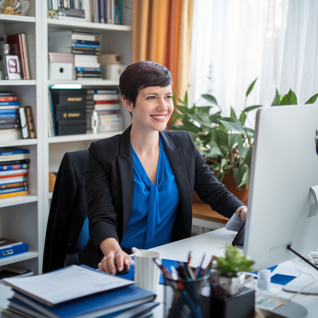 Human Resources Manager sit in the chair with working in the laptop and smiling