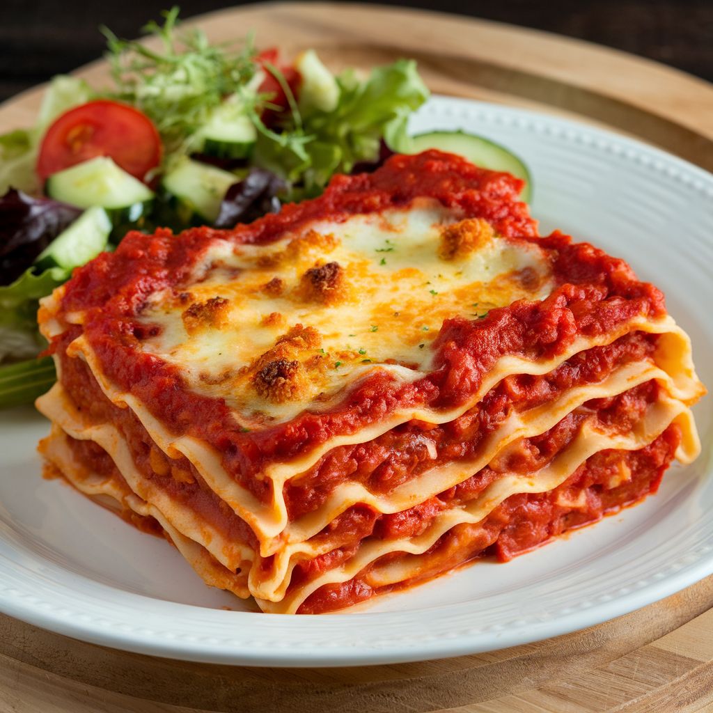 A photo of a plate of lasagna pasta | lasagna pasta recipe | lasagna food. There are layers of pasta, tomato sauce, and cheese. The pasta is golden brown and bubbly. The tomato sauce is rich and red. The cheese is melted and has a golden crust. The pasta is served with a side of salad. The salad has mixed greens, tomatoes, and cucumbers. The salad is dressed in a light vinaigrette. The plate is placed on a wooden board.