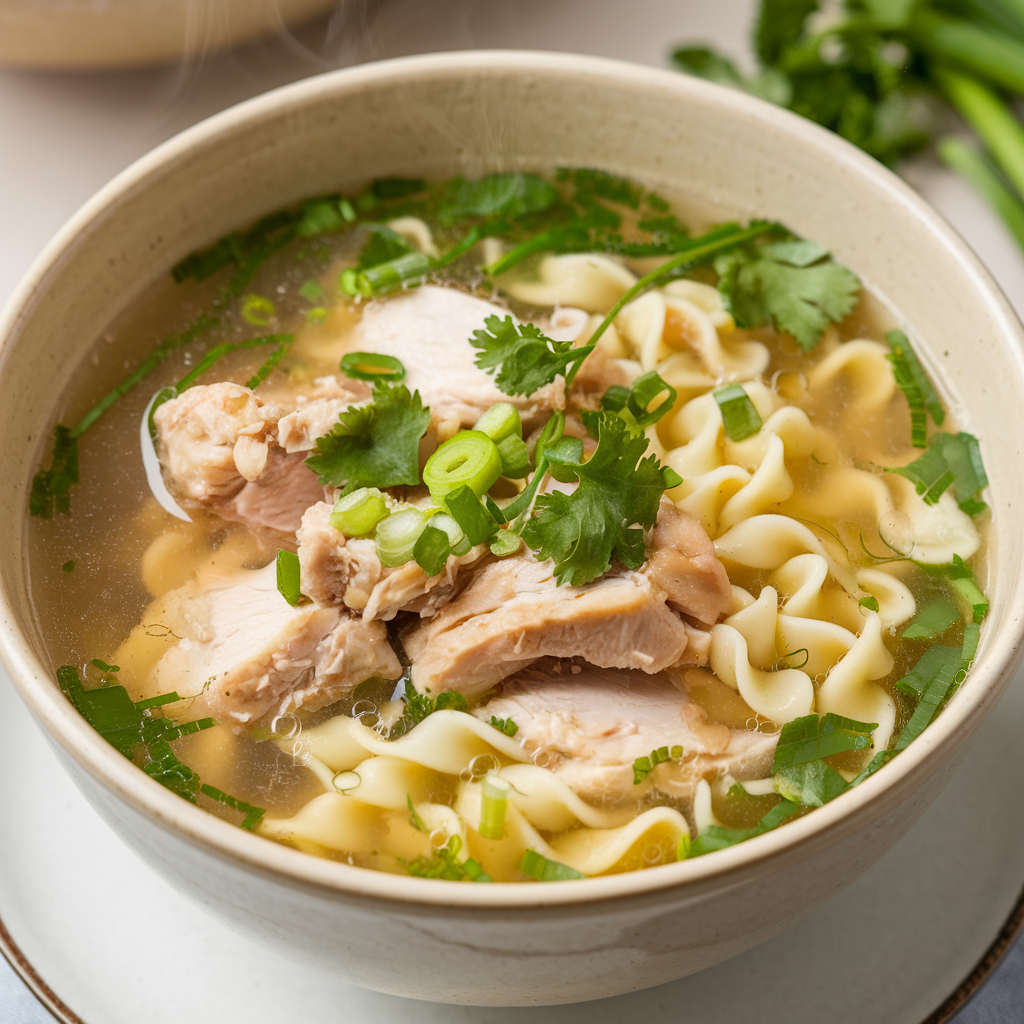 A photo of a steaming bowl of easy chicken noodle soup. The soup is made with tender chicken pieces noodles, and a clear broth. Fresh herbs such as cilantro and green onions are sprinkled on top. The background is simple, with a beige bowl and a white plate.