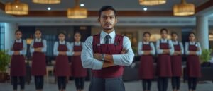 Professional hotel staff in uniform lined up in elegant lobby, male leader in forefront, conveying luxury service