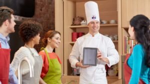 cooking class culinary food technology people concept happy friends