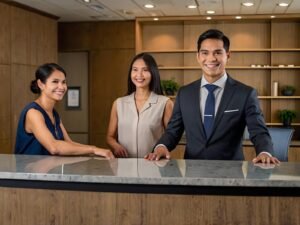 three people are standing kitchen with man wearing suit