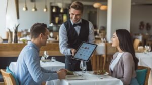 young happy wter serving couple showing them menu