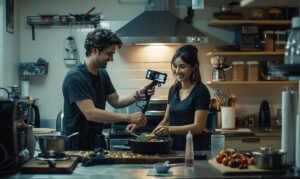 man woman cooking kitchen with digital camera