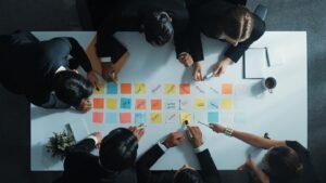 top view executive manager planing choose marketing idea directorate