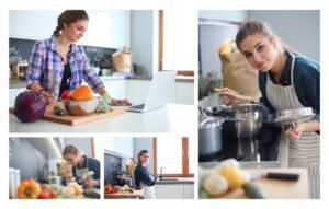 young woman cutting vegetables kitchen near desk