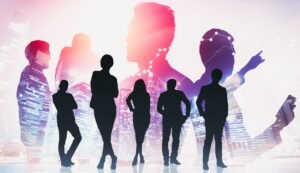 silhouette image businesspeople group with a city background