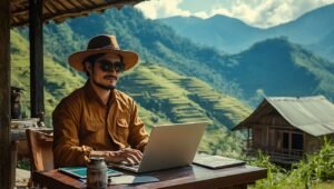there is man sitting at the table with a laptop.