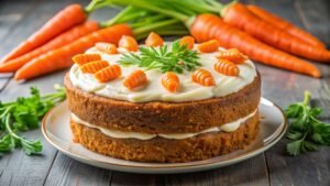 cake with carrots cream it sits plate with carrots.