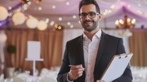 Event planner, event venue, holding clipboard