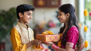         cute indian brother sister celebrate rakhi with gifts