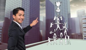 composite image smiling asian businessman pointing