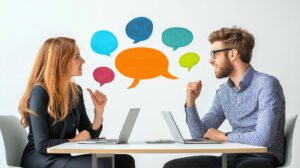 Man woman are sitting table with speech