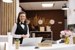 Front desk staff smiling reception