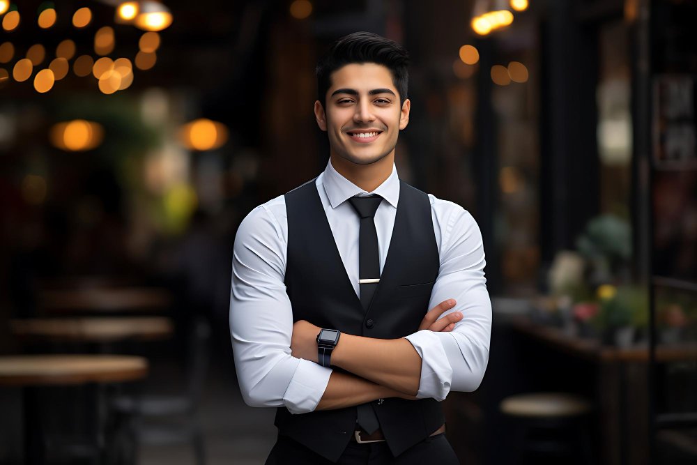 Photo of a smiley businessman posing outdoor with arms crossed copy space