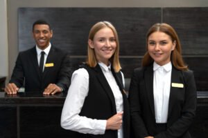 Receptionists work elegant suits