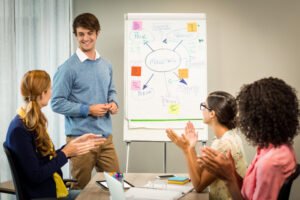 Coworkers applauding colleague after presentation