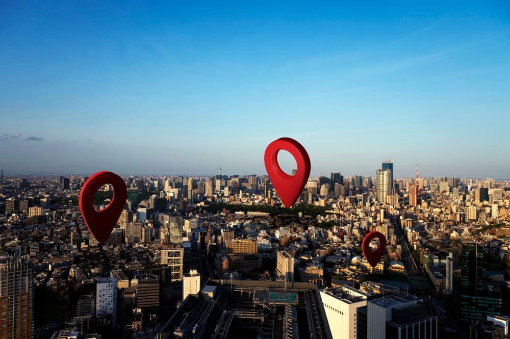 Location symbol with landscape background