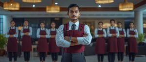 Professional hotel staff in uniform lined up in elegant lobby male leader