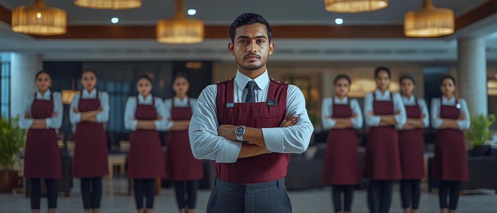 Professional hotel staff in uniform lined up in elegant lobby male leader