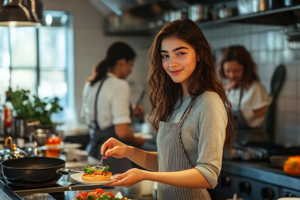 professional chef decorating delicious salad