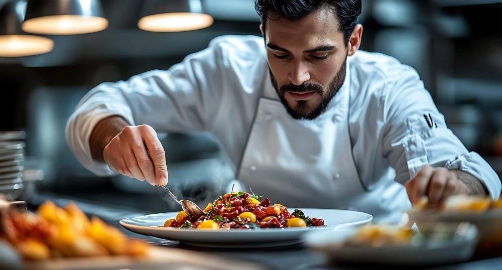 expert male chef plating gourmet dish modern restaurant kitchen culinary art focused view
