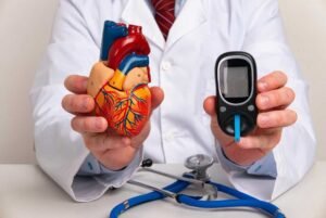  Doctor showing anatomical model heart and glucometer in office hospital