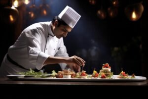 Professional chef workplace at cuisine