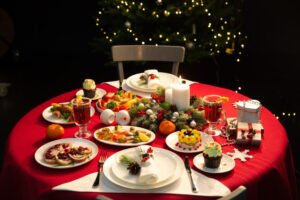 High angle view of meal served on table