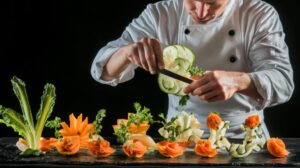 Chef creating intricate vegetable carvings 
