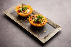 
Aloo tokri chaat or potato basket stuffed chat or katori chat