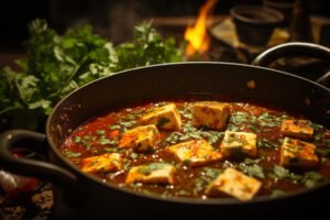 Closeup of menudo being garnished