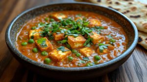 Side view of a dish of matar paneer 