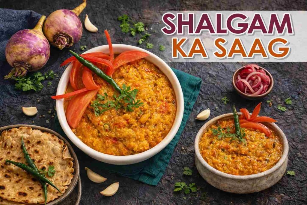 Healthy winter lunch of shalgam ka saag cooked with spices, served with makki ki roti.