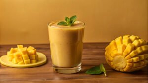 A glass of drink next to a glass of juice and some fruit