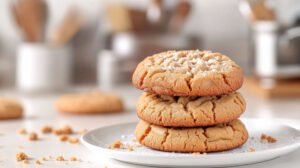 Stack of three gooey peanut butter cookies