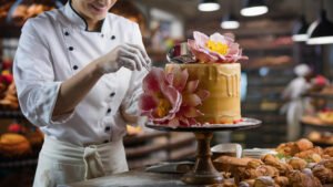 Confectioner in a uniform decorates the cake