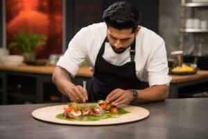 A chef prepares a dish with a knife and fork