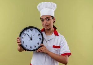 Young confident caucasian cook girl in chef uniform