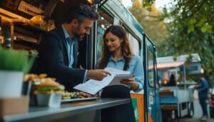 Man and woman reviewing documents in food truck