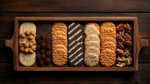 Delicious assortment of cookie slices on wooden tray