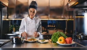 A chef skillfully prepares a dish in a gourmet kitchen