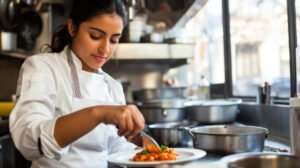 A chef meticulously plating a dish in a restaurant kitchen