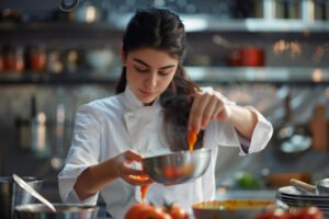 female chef preparing sauce