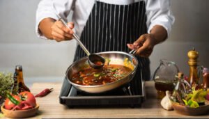 A chef preparing a sauce provenale