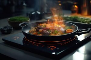 Fiery culinary creation in a modern kitchen 