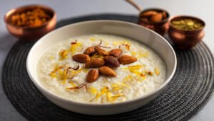 Rice kheer in a decorative bowl